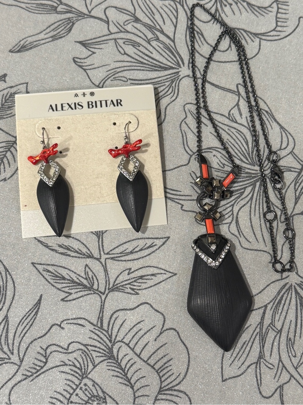 Alexis Bittar Black and Red Resin Drop Earrings and Necklace